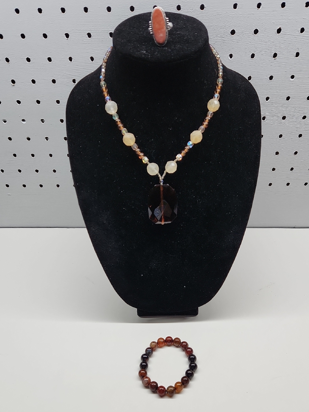 Faceted Brown Pendant Glass Bead Necklace with Matching Brown GlassBead Bracelet
